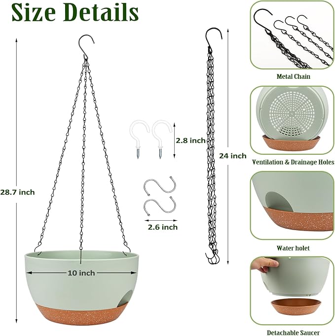Hanging Planters for Outdoor Indoor Plants, 2 Pack 10 Inch Hanging Basket Plants Outdoor, Self Watering Hanging Planter with Plant Hanger for Garden Home Decoration (Green, 10 inch)