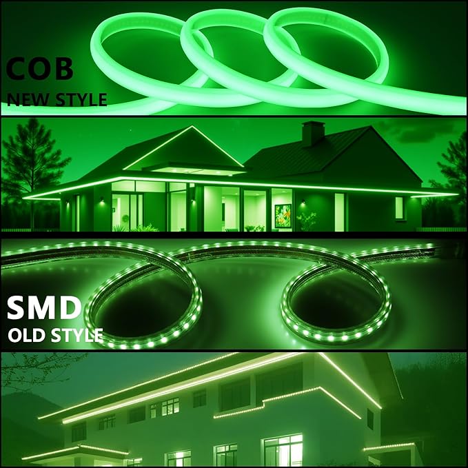 AC 110V COB LED Strip Lights Outdoor Waterproof 65.6ft, Green Super Bright 200W LED Rope Light, IP65 Flexible Cuttable, for Bedroom Garden Commercial House Gaming Room Decor