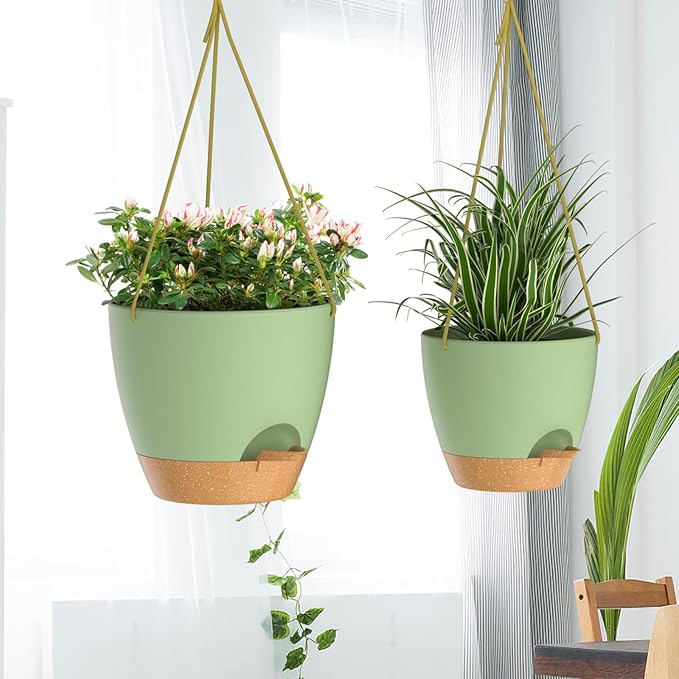 ZMTECH 8 Inch Hanging Planters for Indoor Outdoor Plants, 2 Pack Self Watering Hanging Plant Pots with Drainage Holes and Removable Saucer, Plastic Flower Hanging Pots with Watering Lip (Green)