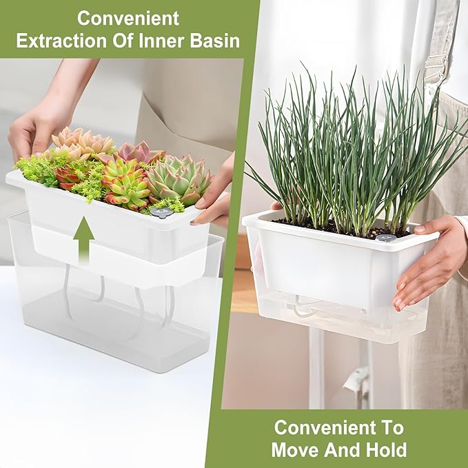 Window Box Planter, 2 Pack 10 Inch Plastic Self Watering Pots for Indoor Plants, Rectangular Flower Pots with Reservoir for Outdoor Indoor Plants Garden Home Decor - White