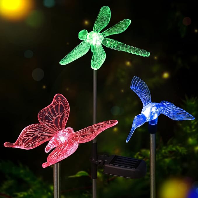 Solar Pathway Lights - 3 Pack Solar Stake Lights Outdoor, Color Changing Solar Powered Halloween Decorative Landscape Lighting Hummingbird Butterfly Dragonfly for Patio Yard Pathway Lawn Walkway