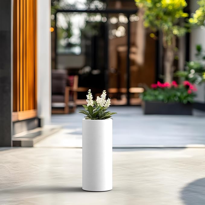 Kante 18.9 Inch Tall Cylindrical Planter, Large Round Plant Pots with Drainage Hole, Made with Concrete, Suitable for Indoor Outdoor Plants, Home Decor, White