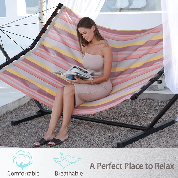 TegerDeger 12FT 2 Person Hammock Large Hammock Quick Dry 450LB Capacity with V Shaped Hardwood Spreader Bar & Nylon Rope for Outside, Patio, Garden, Backyard, Beach, Poolside - Coral Red Stripes