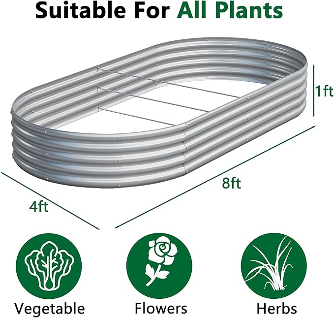 zizin 2 Pack Oval Galvanized Raised Garden Bed Kit 8x4x1ft Large Metal Planter Box for Outdoor Vegetables, Silver