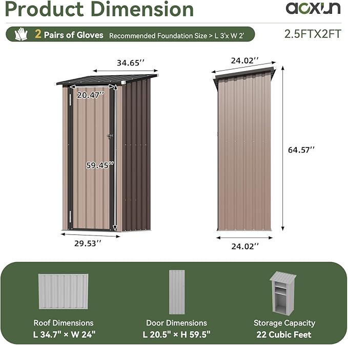 Aoxun Outdoor Storage Shed with Floor - Vertical Cabinet with 2 Adjustable Shelves & Lockable Doors, Waterproof Small Tool Shed, for Backyard Garden Patio Lawn Indoor, Brown