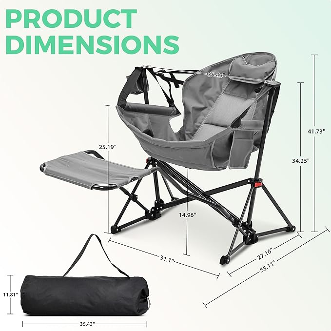 Ainfox Hammock Camping Chair with Footrest, Foldable Portable Rocking Chairs for Adults Outside Swinging Camp with Cup Holder Pillow for Outdoor Patio Poolside (Dark Grey)