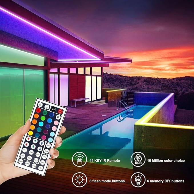 DAYBETTER Waterproof Led Lights for Bedroom, 32.8ft (2 Rolls of 16.4ft) Led Strip Lights, 300 LEDs Color Changing RGB 44 Keys Remote Controller, 12v for Outdoor Room Home Party Christmas Decoration