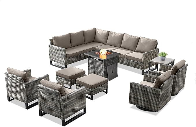 Patio Sectional Furniture Set with Fire Pit Table: 10 Pieces Wicker Patio Conversation Set with L Shaped Sofa, Outdoor Swivel Glider Rocker, Rattan Club Chairs, Ottomans, Removable Cushions Grey