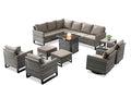 Patio Sectional Furniture Set with Fire Pit Table: 10 Pieces Wicker Patio Conversation Set with L Shaped Sofa, Outdoor Swivel Glider Rocker, Rattan Club Chairs, Ottomans, Removable Cushions Grey