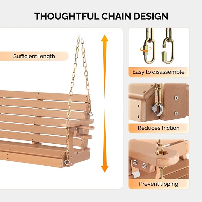 VINGLI Heavy Duty 1600 LBS HDPE Porch Swing Outdoor with Rotatable Cup Holder, 5 FT Patio Bench Swing with Adjustable Chains, 3 Person Hanging Porch Swing Chair for Porch, Yard, Tree, Garden - Teak