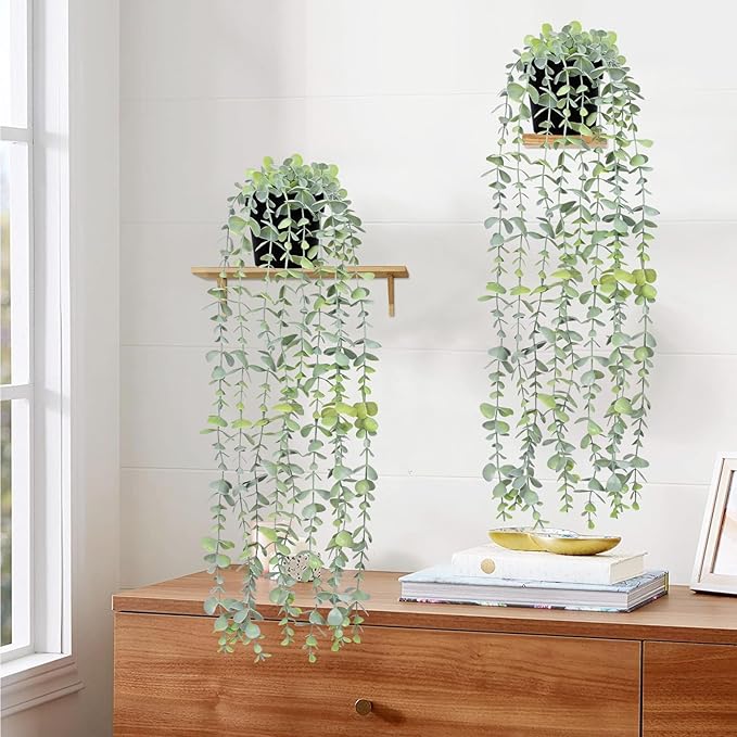 Waipfaru 2Pcs Fake Hanging Plants with Pot Light Green Eucalyptus Leaves UV Resistant Fake Vines Ivy Artificial Plants Outdoor Faux Plants Indoor Bedroom Living Room Boho Wall Porch Shelf Decor