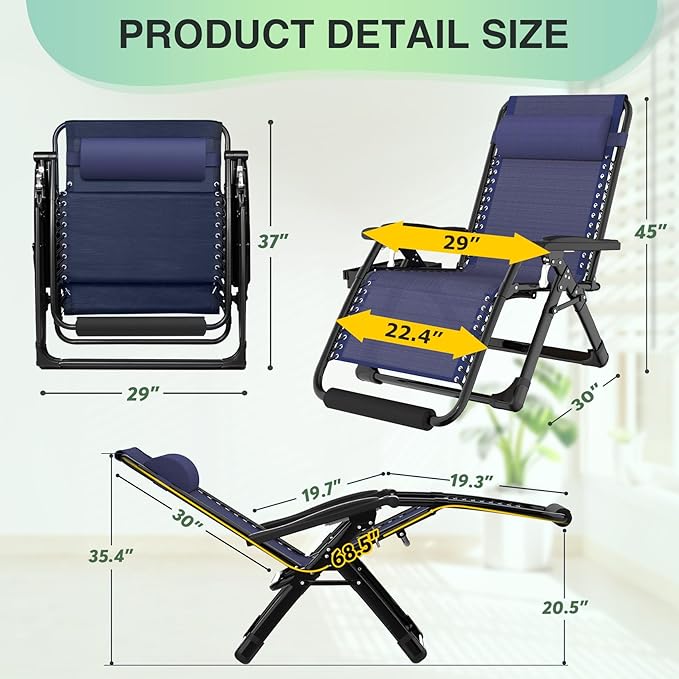 Suteck Oversized Zero Gravity Chair, 29In XL Outdoor Recliner Chair w/Removable Cushion&Headrest, Camping Lounge Chair w/Upgraded Lock&Footrest, Reclining Patio Chairs for Indoor Outdoor,500LBS
