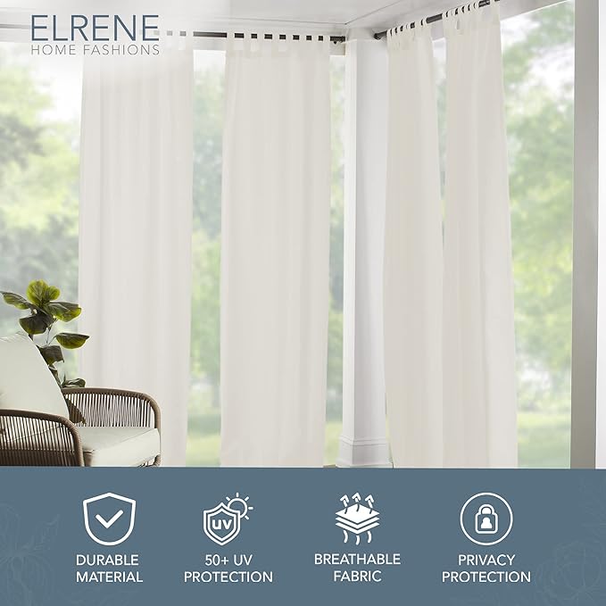 Elrene Home Fashions Matine Weatherproof Tab-Top Indoor/Outdoor Solid Color Curtain Panel for Porch, Pergola, Patio, Deck, 52”W x 95”L, Ivory