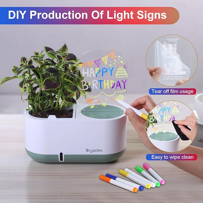 Self-Watering Plant Pot with LED Note Board & 7 Colors Pen Acrylic Message Board with Light Acrylic Dry Erase Board, Led Cat Board Night Light with Planting Pot for Christmas(No Plant&Seed)