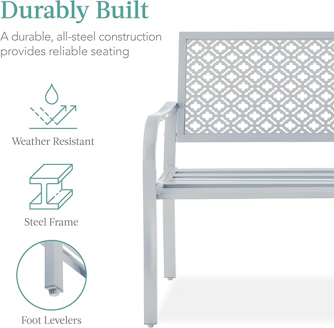 Best Choice Products Outdoor Bench 2-Person Metal Steel Benches Furniture for Garden, Patio, Porch, Entryway w/Geometric Backrest, 790lb Capacity - Light Gray
