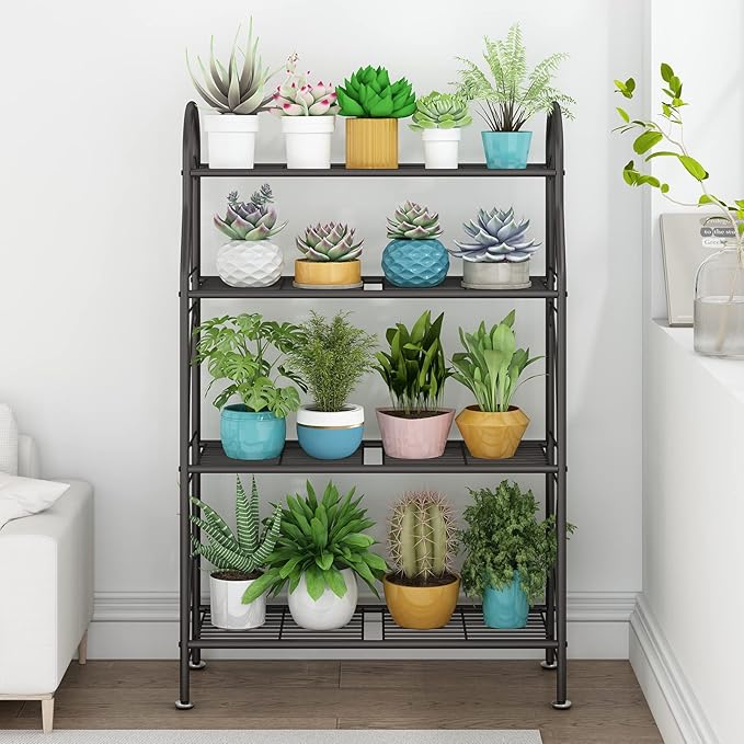 SORCEDAS Plant Stand Indoor Outdoor Plant Shelf 4 Tier Metal Corner Flower Stand Multiple Holder for Patio Garden Balcony Living Room, Dark Grey