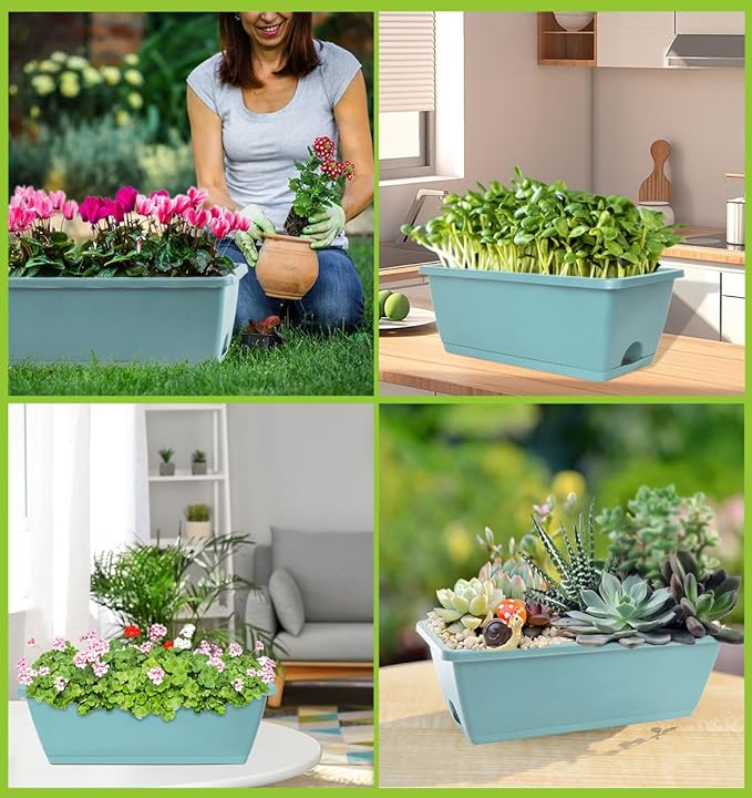 Window Box Planter, 7 Pack Plastic Vegetable Flower Planters Boxes 17 Inches Rectangular Flower Pots with Saucers for Indoor Outdoor Garden, Patio, Home Decor