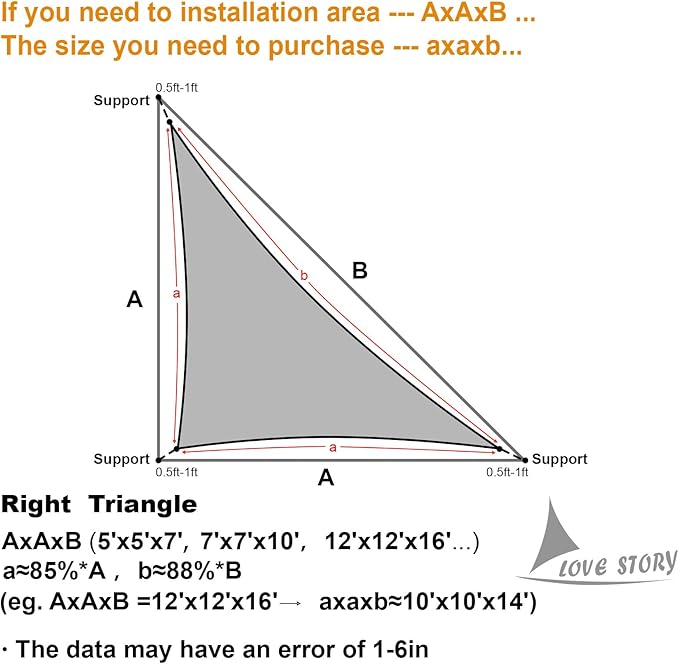 LOVE STORY Custom Size 8'x9'x12' Dark Grey Sun Shade Sail Right Triangle Sunshade Fabric Awning Canopy for Patio Backyard Carport Pergola (Customized)
