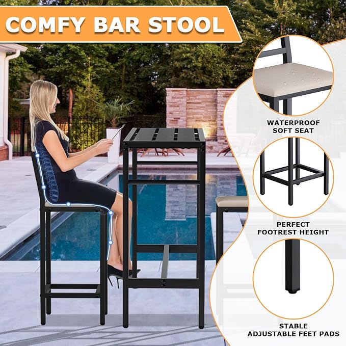Outdoor Patio Bar Set 3 Piece,50" Rectangular Counter Height High Top Bar Tables, 2 Cushioned 41" Bar Stools, Metal Bar Table and Chairs Set for Poolside, Balcony, Backyard, Porch