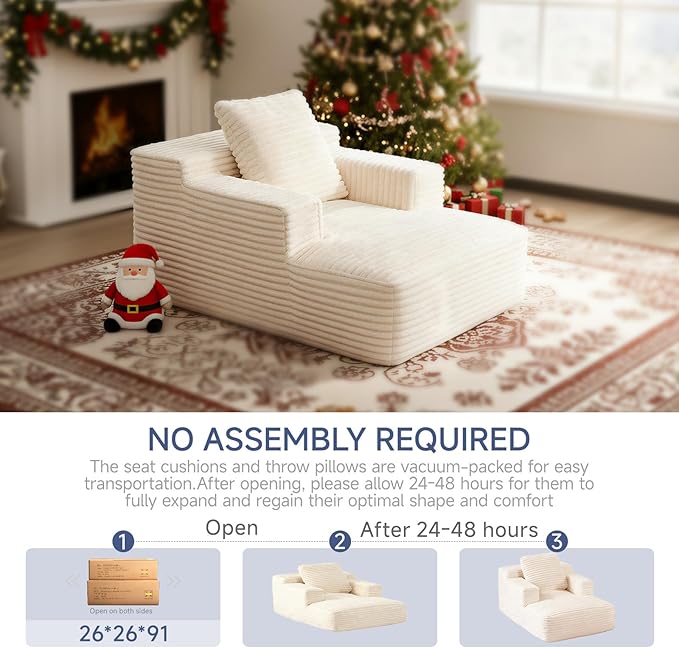 45'' Chaise Lounge Chair Indoor, Corduroy Upholstered Boneless Sofa Bed, Deep Seat Sleeper Couch Reading Chairs, Small Comfy Cloud Sofas Couches for Living Room, Bedroom, Movie Room (Beige)