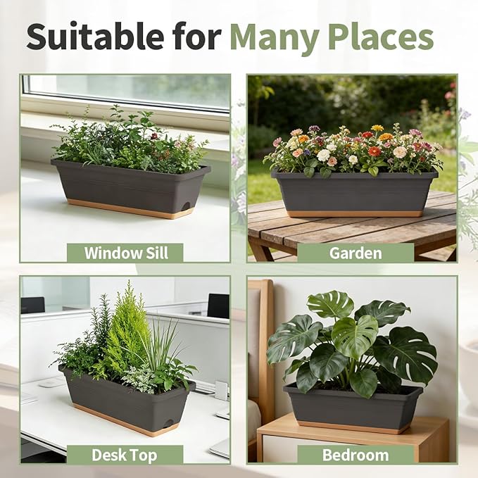 Window Box Planter, 6 Pack Plastic Vegetable Flower Window Planters Boxes 16 Inches Rectangular Flower Pots with Drainage Holes and Saucers (Grey)