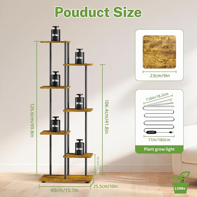 iDavosic.ly 6 Tier Tall Plant Stand Indoor with Light, Tiered Corner Metal Wood Multiple Flower Holder Shelf, 50 Inch Display Grow Rack for Living Room Bedroom, Modern Black & Rustic Brown