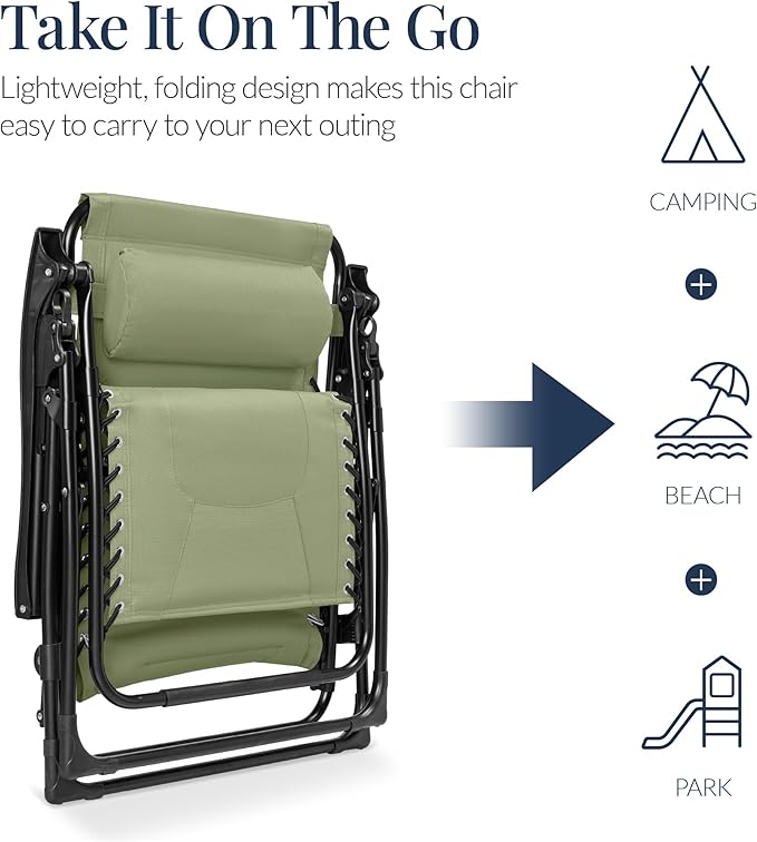Best Choice Products Oversized Padded Zero Gravity Chair, Folding Outdoor Patio Recliner, XL Anti Gravity Lounger for Backyard w/Headrest, Cup Holder, Side Tray, Polyester Mesh - Sage Green