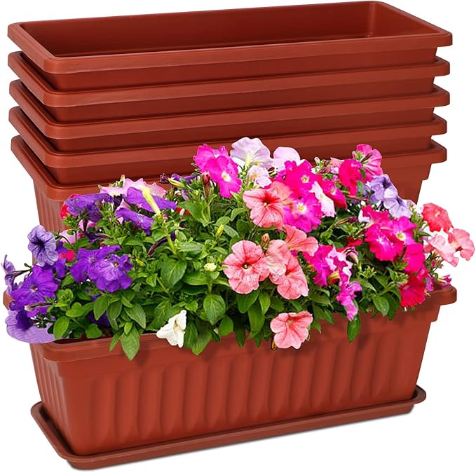 6 Packs Window Box Planter, 17 Inches Flower Window Box Rectangular Plastic Vegetable Planters with Trays for Windowsill, Patio, Garden, Balcony, Brick Red