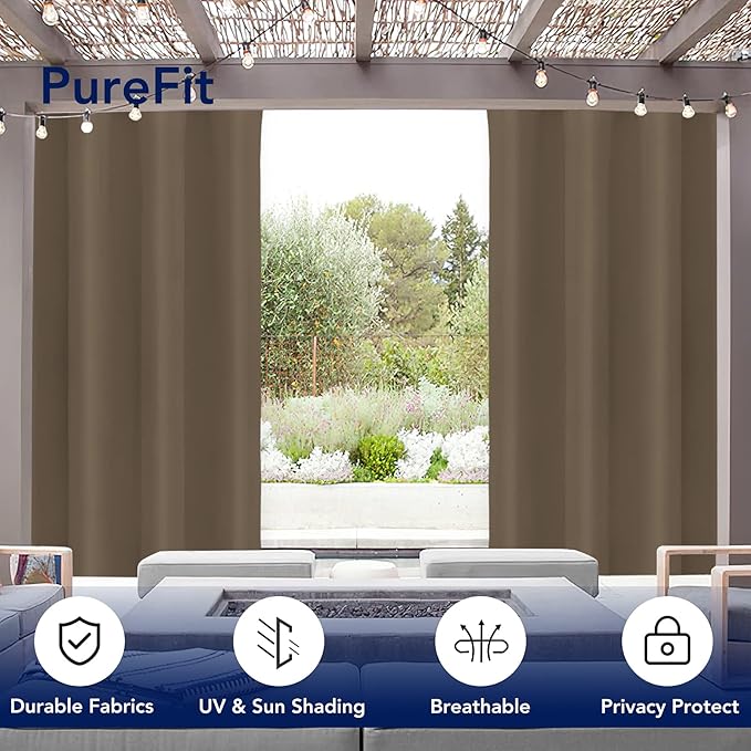 PureFit Outdoor Curtains for Patio Waterproof Weatherproof, UV Resistant Outside Curtains for Gazebo, Front Porch, Pergola, Sun Blocking Privacy Curtain, 52W x 120L inch, 1 Panel, Camel