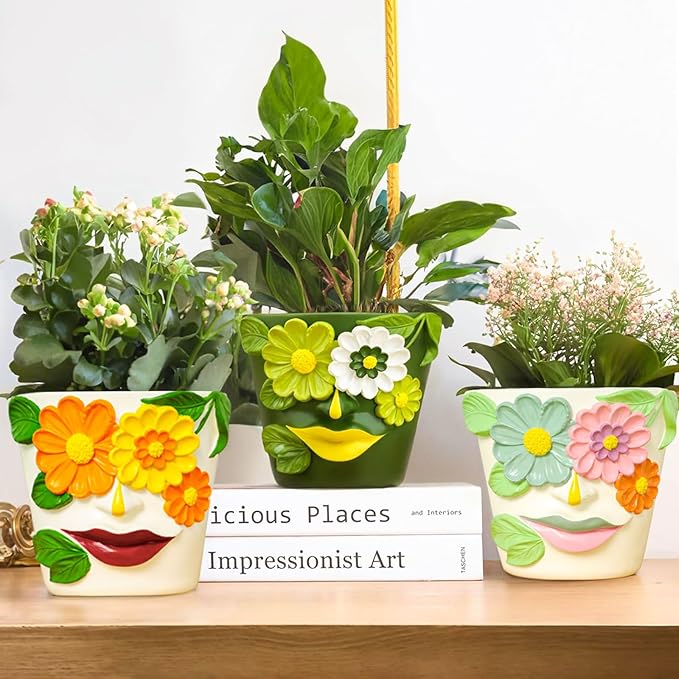 GUGUGO 8 Inch Large Flower Face Planters, Abstract Unique Head Plant Pot with Drainage, Rainbow Colorful Cute Flower Plant Pots for Indoor Plants, Funny Gardening Pot Gift Home Décor, Orange&Yellow