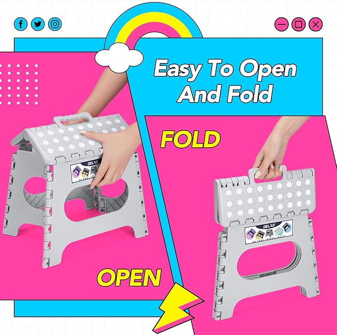Delxo Folding Step Stool, 11 inch Non-Slip Foldable Stools for Kids & Adults Up to 300 LBS, Step Stool with Handle, Lightweight for Kitchen, Bathroom, Bedroom, Garden, Grey, 1PC