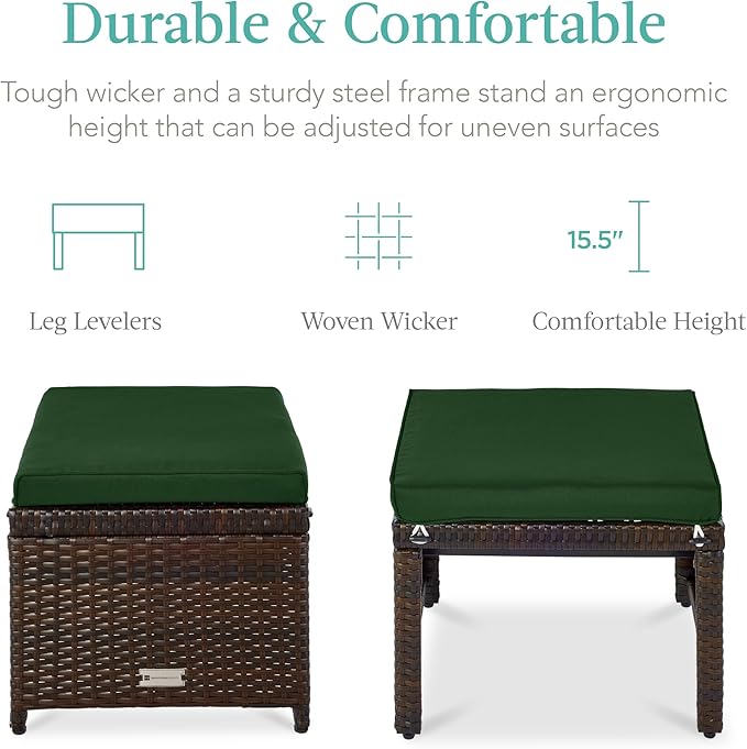 Best Choice Products Set of 2 Wicker Ottomans, Multipurpose Outdoor Furniture for Patio, Backyard, Additional Seating, Footrest, Side Table w/Removable Cushions, Steel Frame - Midnight Green/Brown