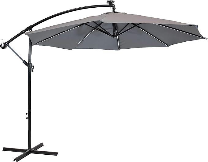 Sunnydaze 10' Solar Offset Patio Umbrella - Solar Cantilever Umbrella Outdoor with LED Lights - Polyester Shade, Air Vent, & Cross Base