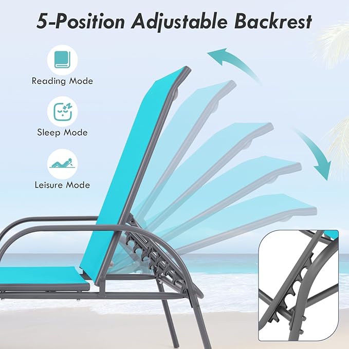 Giantex 2 Pack Patio Lounge Chair, Outdoor Chaise Lounge with 5 Adjustable Backrest, Sturdy Steel Frame, Sunbathing Recliner, Tanning Chair for Beach, Outside, Yard, Balcony, Pool Chairs (2,Turquoise)