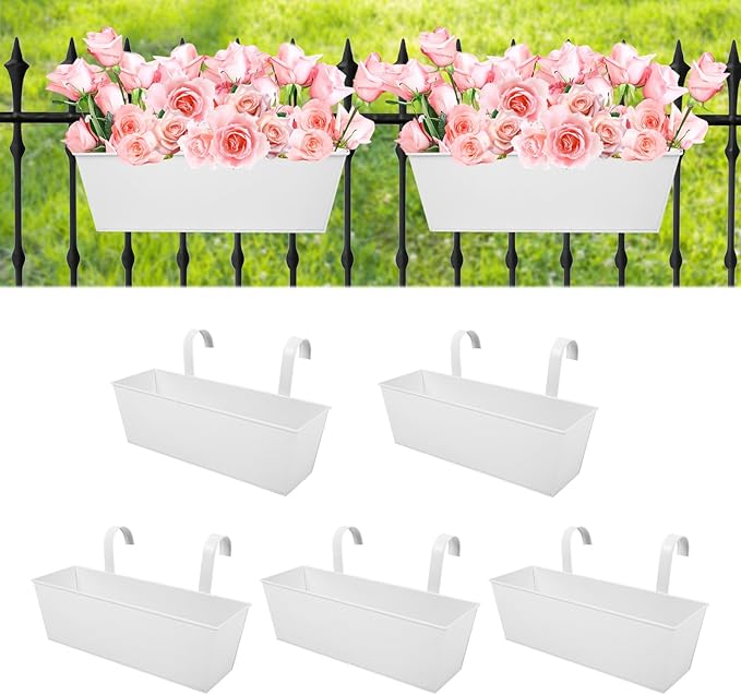 Railing Planters Outdoor Balcony 16 Inch Deck Over The Railing Planter Boxes Hanging Planters for Fence Flower 5 Pcs (White)