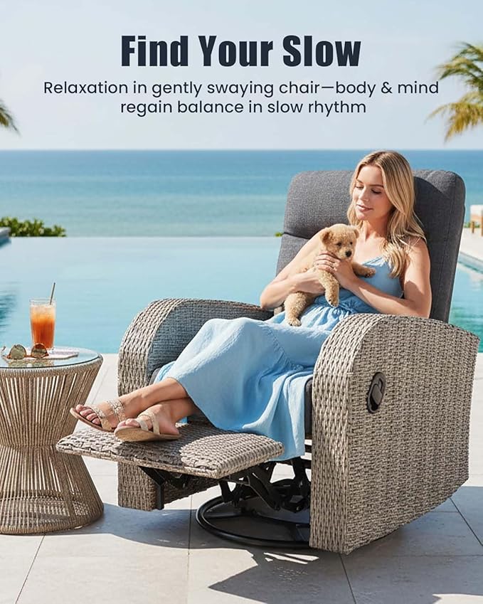 Outdoor Swivel Recliner Chair Set of 2, All-Weather Wicker Reclining Patio Chair with Adjustable Backrest and Footrest