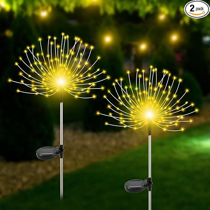 Solar Garden Lights Outdoor Waterproof, 2 Pack 120 LED Solar Firework Lights Decorative Garden Décor Outside for Flowerbed Pathway Party Christmas Decoration, Warm White