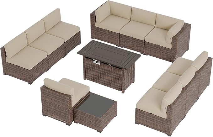 Aoxun Patio Furniture Sets, 12-Piece Outdoor Patio Furniture with 44'' Propane Gas Firepit Table, Wicker Outdoor Conversation Set Sectional Sofa for Backyard, Poolside, Garden