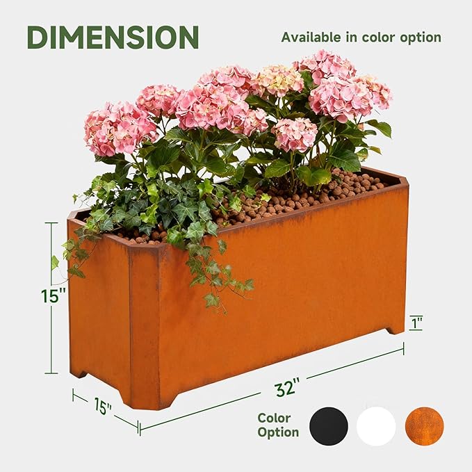 Corten Steel Planter Box-32"x15"x15"-Large Rectangular Planters For Outdoor Plants, Heavy Duty Rustic Tall Planter With Raised Support Feet For Patio, Deck, Garden, Yard, Drain Holes, Easy Assembly