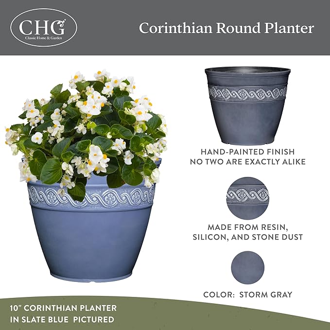 Classic Home and Garden Corinthian Resin Planter Pot - Outdoor & Indoor Plant Pot - Round Planter for Plants & Flowers (16” Storm Gray, Pack of 1)