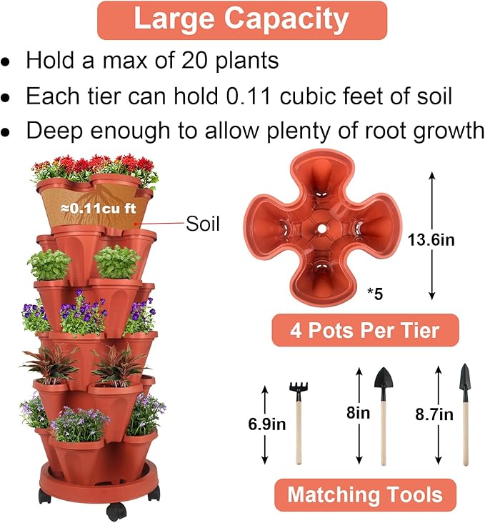 GameXcel Vertical Planter 6 Tier Stackable Planters Garden Planters Strawberry Herb Flower and Vegetable Planter Indoor Outdoor Gardening Pots with Removable Wheels and Tools