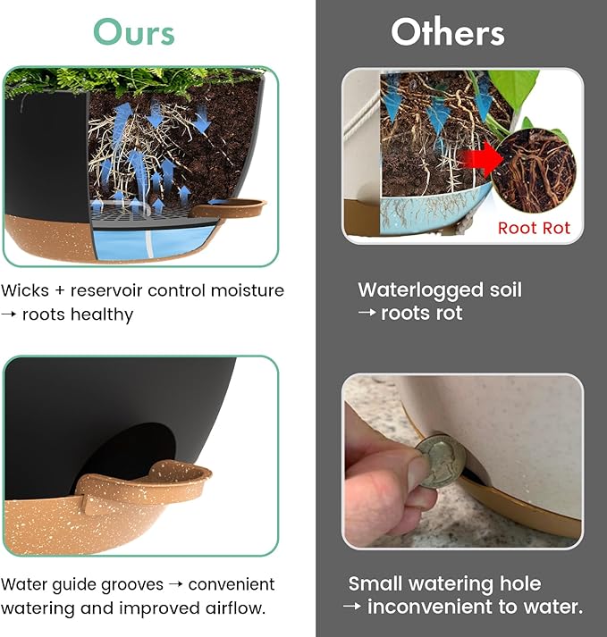 13 Inch 2 Pack Large Self Watering Hanging Planters for Indoor Outdoor Plants, Hanging Plant Pots with Removable 50 Oz Reservoir, Plastic Hanging Basket for Window Porch Garden, Black with Brown