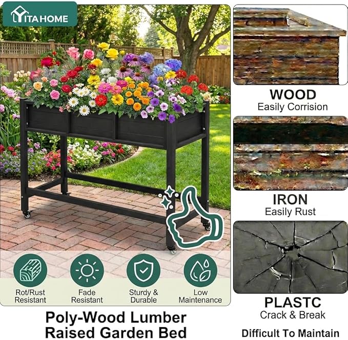 YITAHOME Raised Garden Bed HDPE, 47x18x31 in Raised Planter Box with Legs Poly-Wood Weather-Resistant Elevated Planter Box with Lockable Wheels for Vegetables, Herb Garden Bed, Black