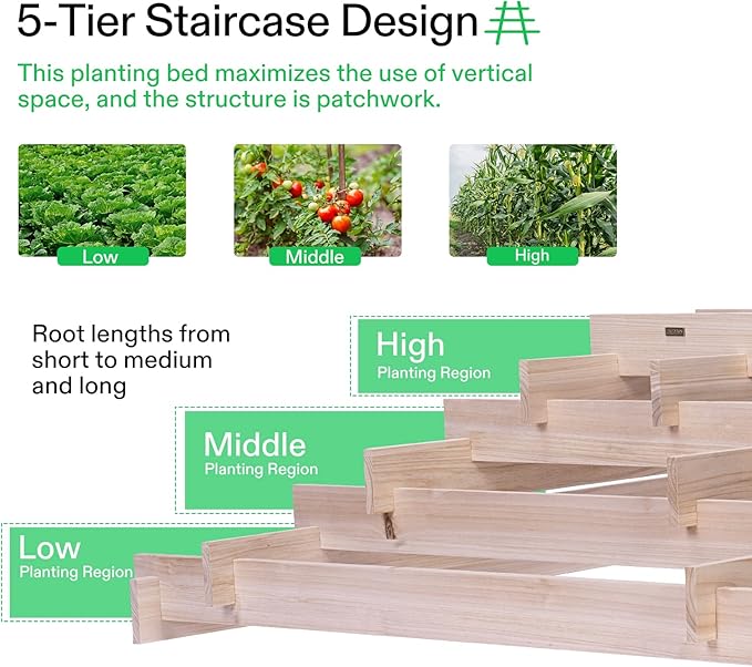 VIVOSUN 5-Tier Wooden Raised Garden Bed, 42 x 42 x 14 Inches, Outdoor Wood Planter Box with Gloves and Liner for Garden, Patio, Balcony, Backyard and Outdoors