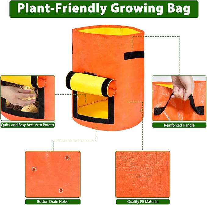 JJGoo Potato Grow Bags, 4 Pack 10 Gallon with Flap and Handles Planter Pots for Onion, Fruits, Tomato, Carrot - Orange