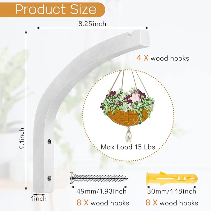 Juexica 4 Pcs Plant Hanger Wooden, 8 Inch Hanging Plant Hooks for Indoors and Outdoor, Wall Mounted Hanging Hook Brackets for Planters Lanterns Wind Chimes and Bird Feeders Patio Decor(White)
