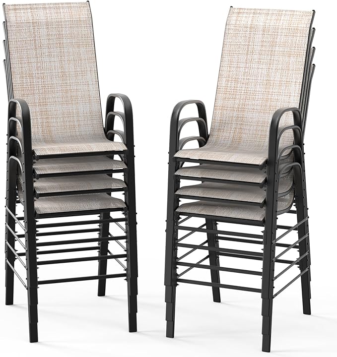 VINGLI Outdoor Bar Chairs Set of 8 – Stackable Outdoor Bar Stools with Sturdy Sling High Back and Armrests for Lawn, Courtyard, Garden, Bar, Yellow