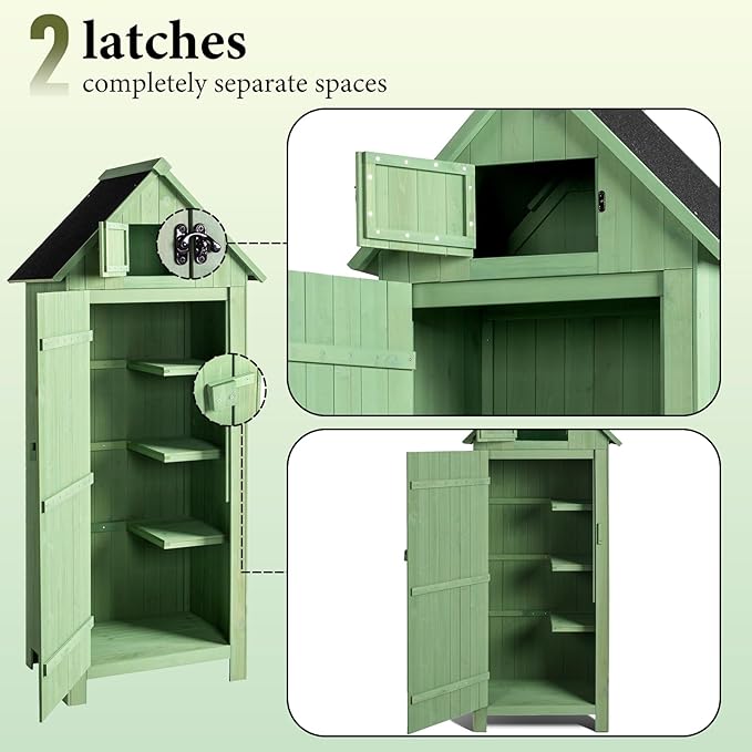 VINGLI Outdoor Wooden Storage Shed, Garden Shed Outside Tool Cabinet with Safety Latch, Patio Storage Organizer (Light Green)