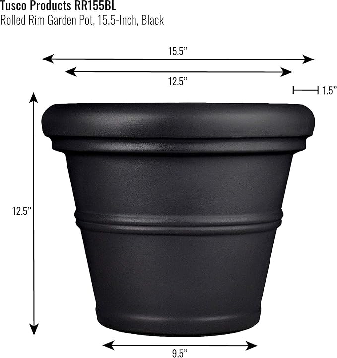 Tusco Products RR155BK Classic Rolled Rim Garden Planter, 15.5", Black