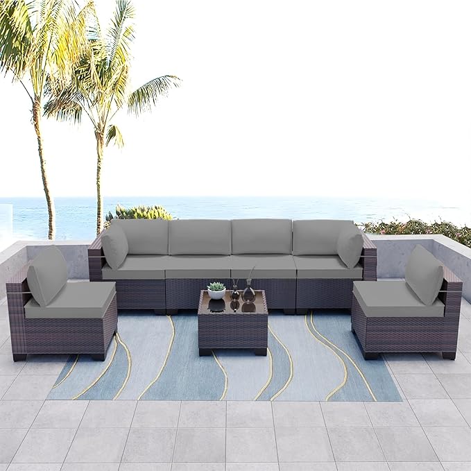Kullavik 7 Pieces Outdoor Patio Furniture Set PE Wicker Rattan Sectional Sofa Patio Conversation Sets,Grey